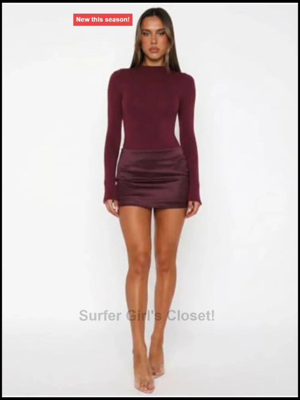 Womens Bodycon 2 Piece Mini Skirt Set Long Sleeve Mock Neck Bodysuit Top